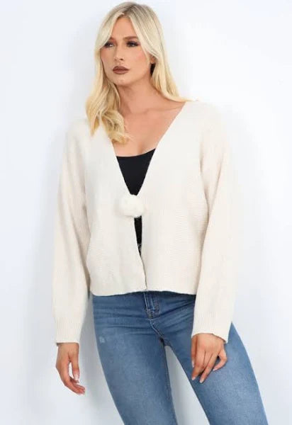 Beige Cropped Fur Hook Cardigan Top