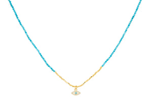 Turquoise and gold beaded necklace with evil eye pendant