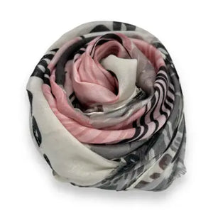 Pink and grey floral print scarf rolled up