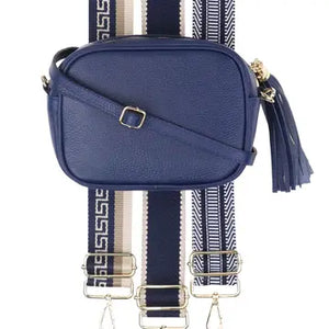 Navy leather crossbody bag with 3 fabric bag straps