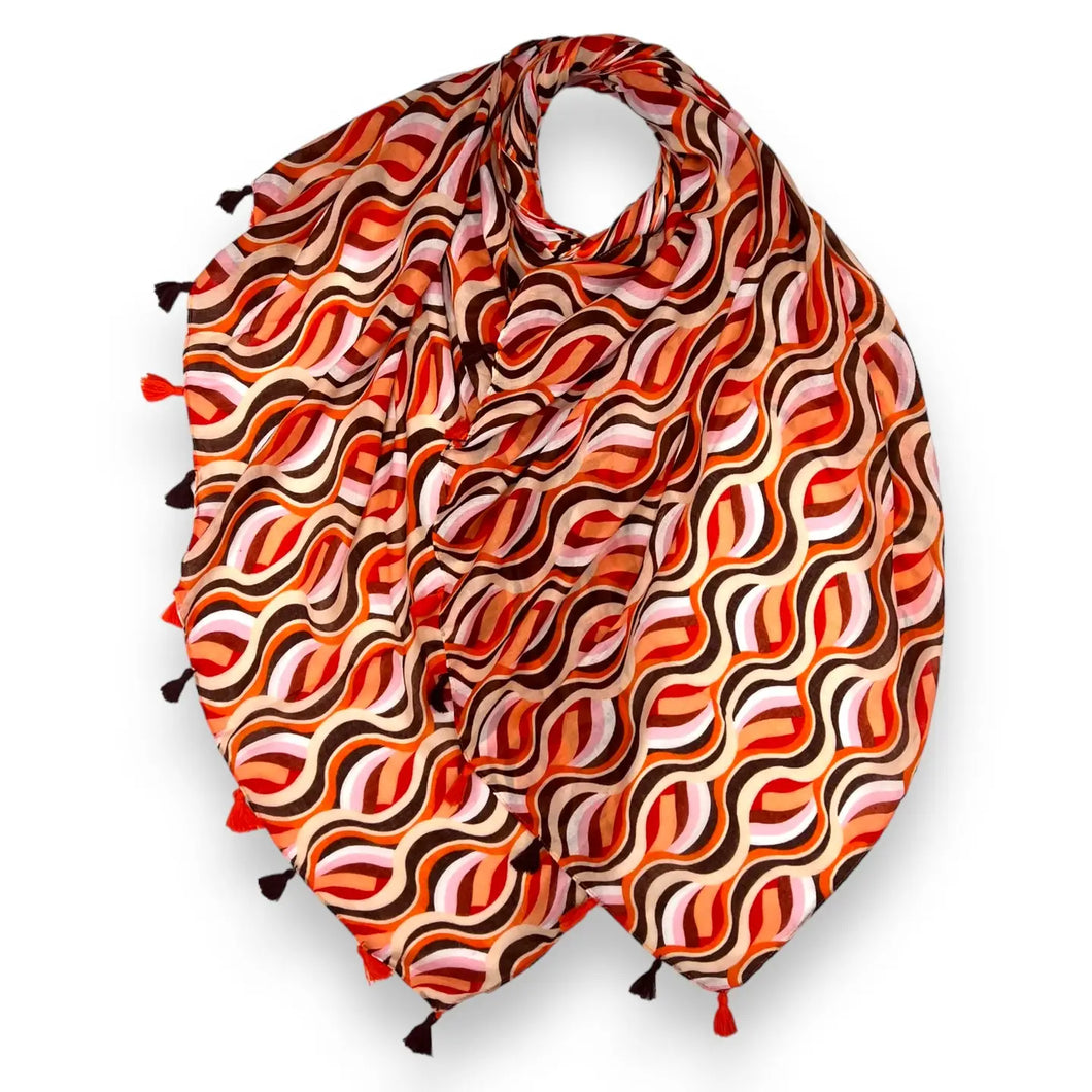 Orange Swirl Waves Retro Scarf with Tassels