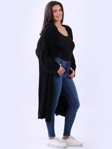 Plus Size Black Hooded Woollen Long Cardigan