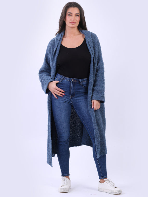 Denim Oversized Hooded Woollen Long Cardigan