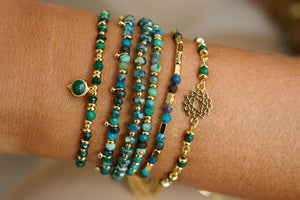 Boho Betty Serenity Azurite Bracelet Stack shown on wrist with other bracelets