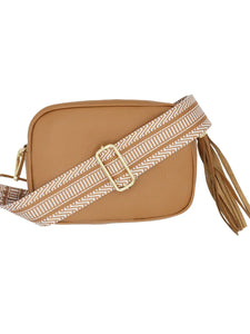 Tan Chevron Fabric Bag Strap on Tan Bag