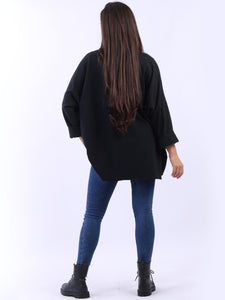 Black Glittery Star Lagenlook Cotton Tunic with Rolled Up Sleeves