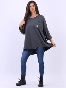 Glittery Star Lagenlook Plus Size Tunic Top in Charcoal