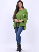 Lime Green Glittery Star Lagenlook Cotton Tunic Top with rolled up sleeves