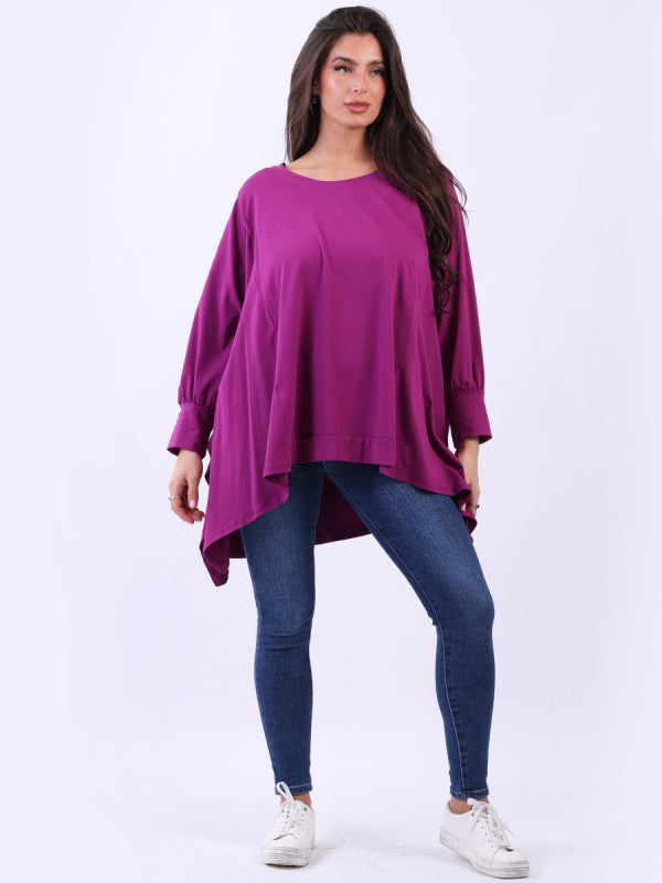 Magenta Plus Size Batwing Lagenlook top with dipped hem