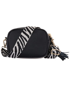 Black Leather Crossbody Bag with Zebra Fabric Strap