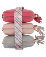 Coral Pink, Grey and Light Pink Crossbody Leather Bags with Tartan bag strap