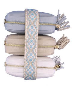 Sky Blue, Cream and White Leather Crossbody bags with flower strap