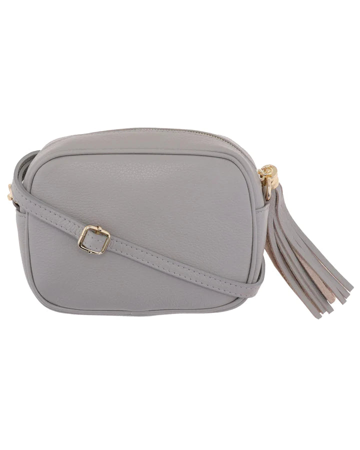 Light Grey Leather Crossbody Tassel Bag with Leather Strap