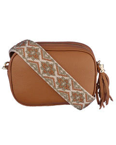 Tan Leather Crossbody Tassel Bag with Fabric Interchangeable Strap