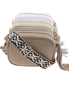 Taupe Leather Crossbody Tassle Bag with interchangeable fabric strap